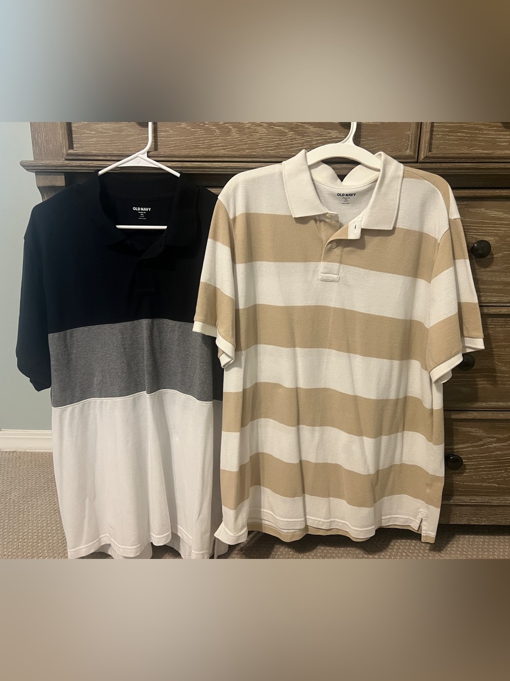 Old Navy Men's Beige/White Striped Polo Shirt